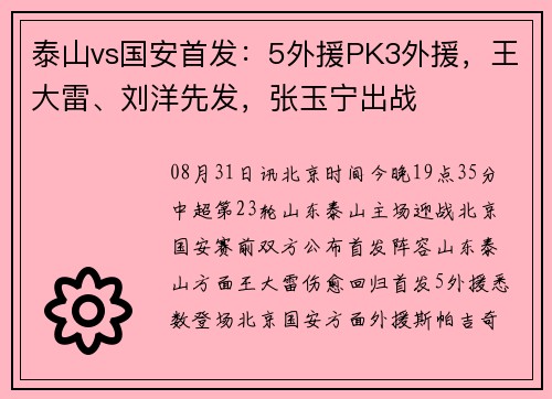泰山vs国安首发：5外援PK3外援，王大雷、刘洋先发，张玉宁出战